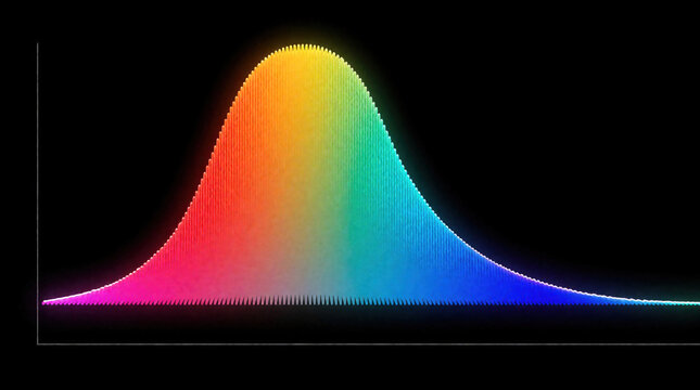 Colorful bell curve graph shows normal distribution on black background. Gradient rainbow spectrum represents statistical data, probability, mathematical model. Bright glowing lines form smooth bell