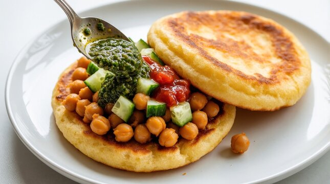 Trinidad doubles street food with fried bara bread, curried chickpeas on white plate. Person pours green chutney from spoon over spicy legume filling, diced cucumber. Delicious Caribbean snack served