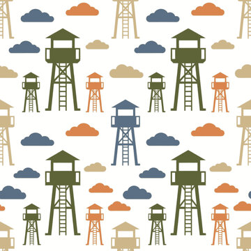 Seamless pattern of military watchtowers and clouds in cartoon flat vector style.