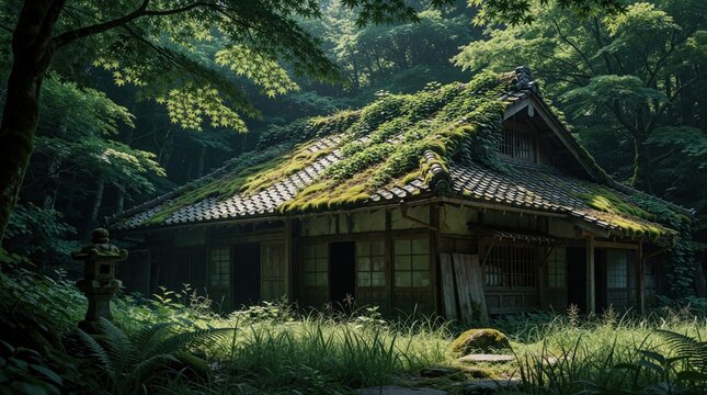 Old abandoned Japanese minka house in deep forest. Ancient wooden architecture with moss covered tiled roof sits among green trees. Traditional rural building ruins overgrown by vines, plants in wild