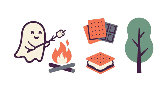 Cute cartoon ghost roasting marshmallow on campfire with smores and tree vector illustration.