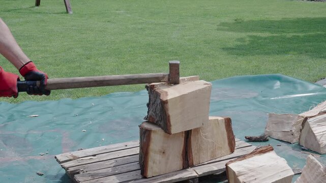 Lumberjack hardworking outdoor. Male lumberjack. Strong lumberjack man with axe. Lumberjack axe. Man with logging axe. Hardworking farmer man. 4k footage