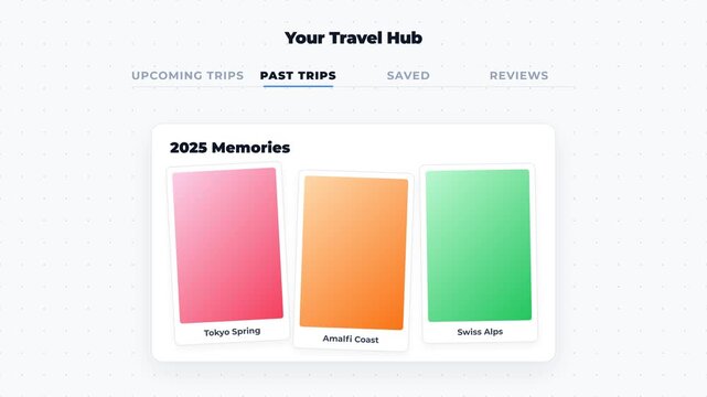Frame-by-frame animated navigation menu featuring a 3D card stack toss effect. The tabs and cards are mathematically perfectly centered for absolute visual precision.