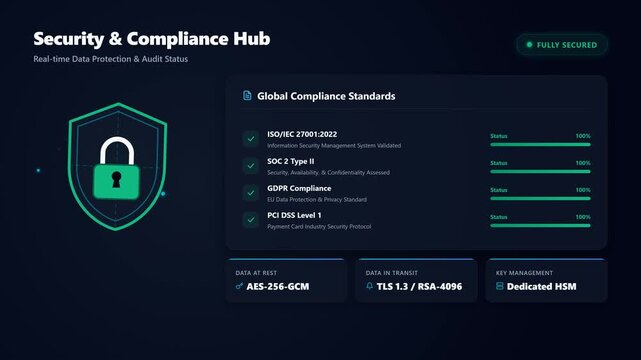 A 4K animated cybersecurity dashboard displaying data protection status, encryption protocols, and certification audits. Features a 3D rotating shield with a locking animation.