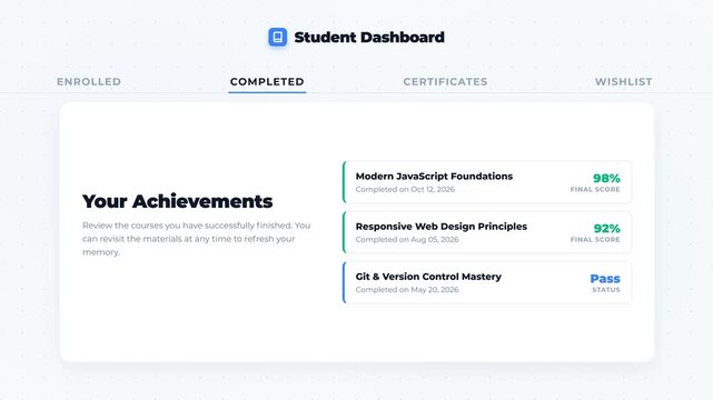 Frame-by-frame animated e-learning navigation featuring a standard fade and slide-up transition, enhanced with a celebratory confetti particle pop when the Certificates tab is reached.