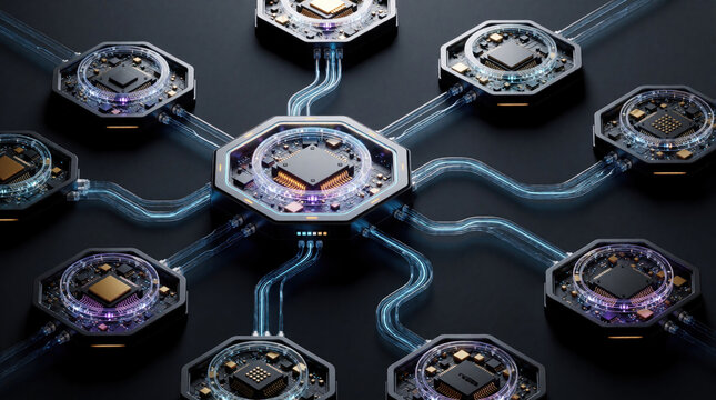 Abstract 3D render of multi agent AI workflow orchestration. Hexagonal pods connect via glowing blue data lines in digital network. High tech system manages automated tasks through intelligent