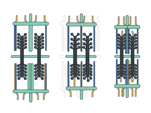 Technical schematic illustration of semiconductor integrated circuit connector structures and microchip components. EPS Editable. Vector Illustrations.