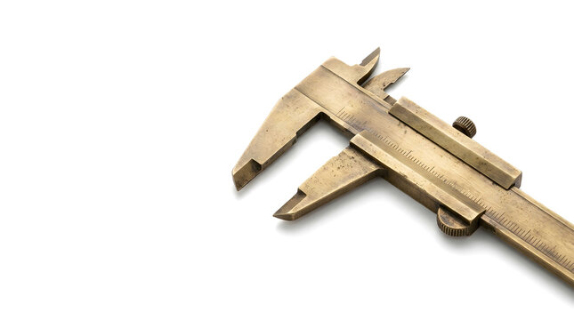 Precision-crafted vintage caliper close-up against minimalist white backdrop, concept for artisan craftsmanship, aviation toolkit design, and travel iconography techniques