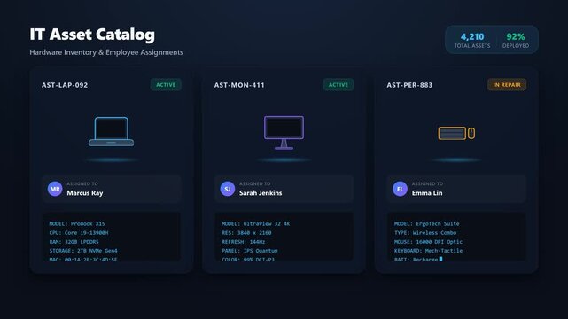 A 4K animated IT asset management dashboard featuring device reveals with fading shadow effects and dynamic fast-typing text for hardware specifications.