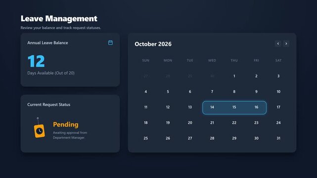 A 4K animated UI dashboard for employee leave requests, featuring a calendar with highlighted dates and a swinging pendulum animation for the pending status icon.