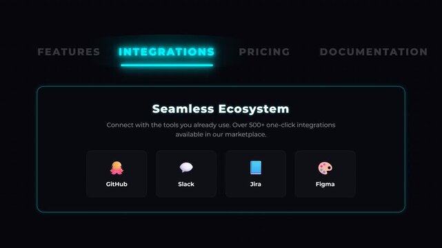 Frame-by-frame animated navigation menu with a sliding neon glow pulse, synchronized with sliding content tab panels.