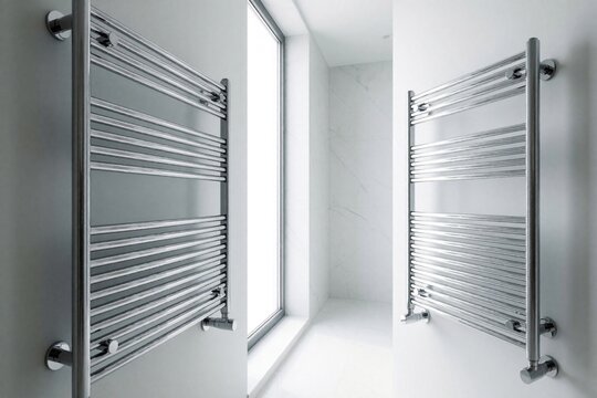 Modern chrome heated towel rail installed on white bathroom wall. Shiny metal radiator provides warmth in luxury hotel domestic home interior. Minimalist steel equipment kepic towels dry, warm in