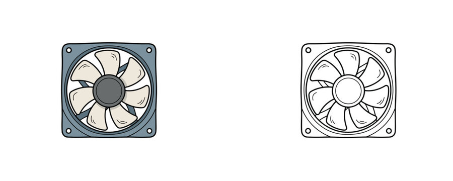 Cpu cooler fan vector illustrations in grey colors featuring cartoon hardware art for cooling systems