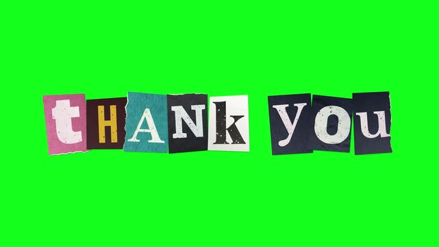 Thank You spelled in ransom note letters on torn magazine paper, isolated on green screen. Chroma key gratitude lettering