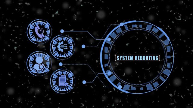 System rebooting digital interface hud animation with tech and data loading circles heads up display