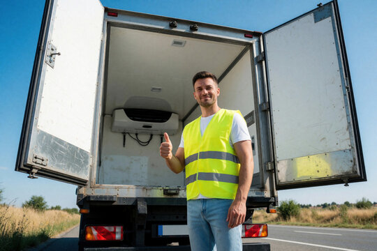 Male driver stands in front of open reefer truck cargo area. Professional courier wearing yellow safety vest gives thumbs up sign. Logistics man ready for food delivery freight transport on highway