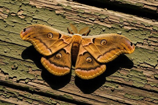 Macro shot of giant silk moth with large colorful eyespots on wings. Big brown insect rests on old green wooden texture. Beautiful lepidoptera specimen displays intricate patterns, fuzzy body in