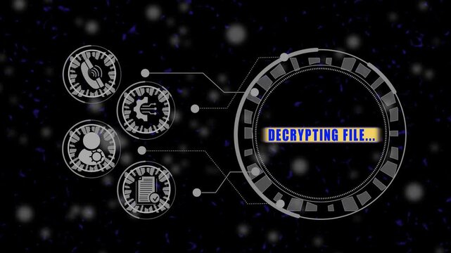 Decrypting file digital interface animation with hud and cyber security data processing overlay