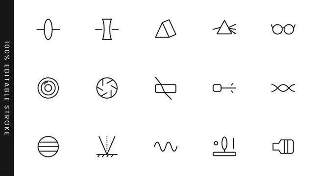Optical physics line web icon set. Convex lens, concave lens, prism, glasses, camera aperture, laser beam, light wave, reflection. Thin outline icons collection. Editable stroke.