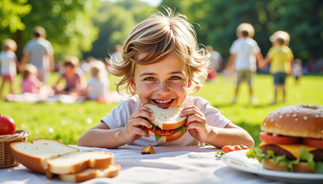 Joyful child munching on sandwich during a sunny park picnic, childhood delight
