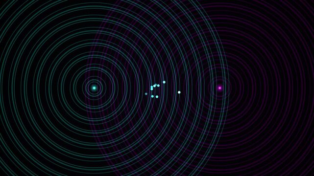 Interfering wave patterns loop continuously between two colored sources on a dark background