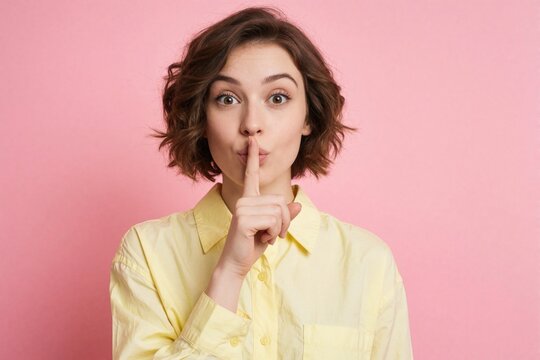 Young woman makes shh gesture with finger over lips. Pretty girl holds index finger to mouth to keep secret on pink background. Female student wants silence, quiet privacy. Model shows hush sign with