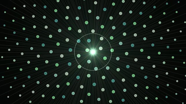 A glowing center radiates lines and dots in a looping pattern across a dark background.
