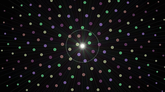 A colorful radial pattern of dots emanating from a central bright light in a looping animation.