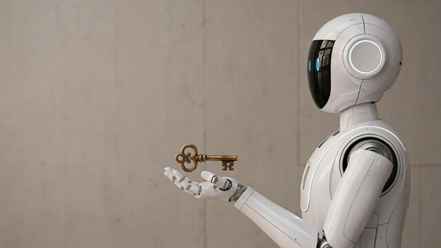 White humanoid robot presenting vintage golden key against neutral wall background