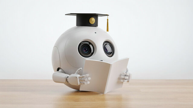 Cute robot wearing graduation cap reading book on wooden desk