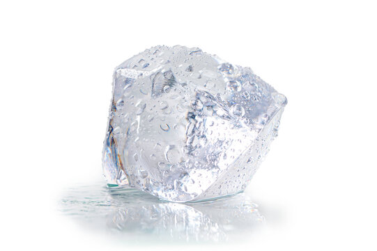 Single Ice Cube with Water Droplets Isolated on White Background