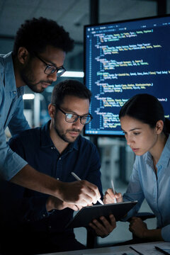 Diverse tech professionals work late in modern office. Team of developers analyze software code on large screen. Man uses stylus on tablet to discuss project with female colleague. Programmer,