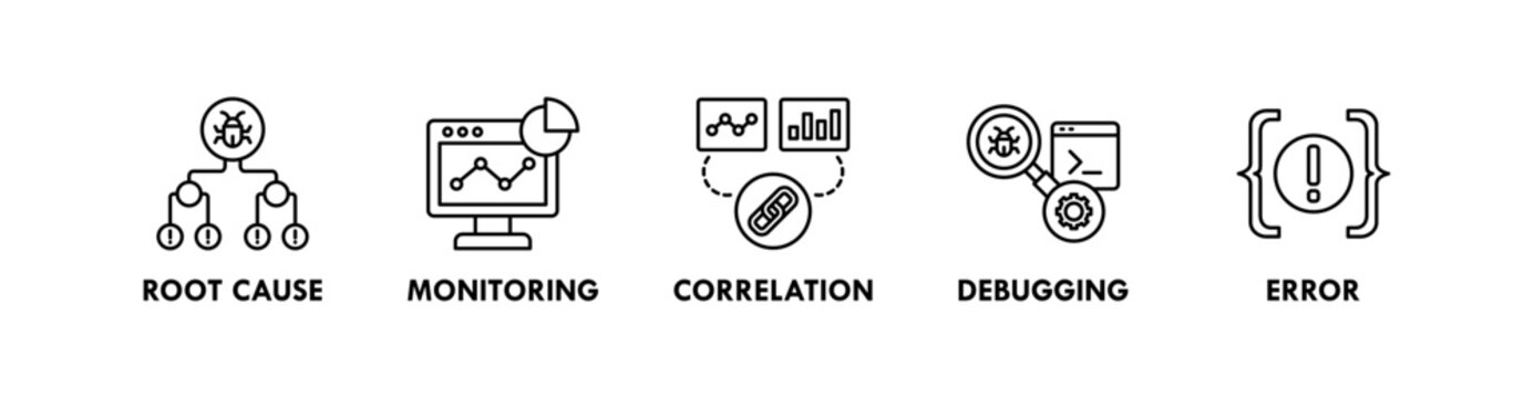 Observability banner web icon illustration concept with icon of root cause, monitoring, correlation, debugging, and error