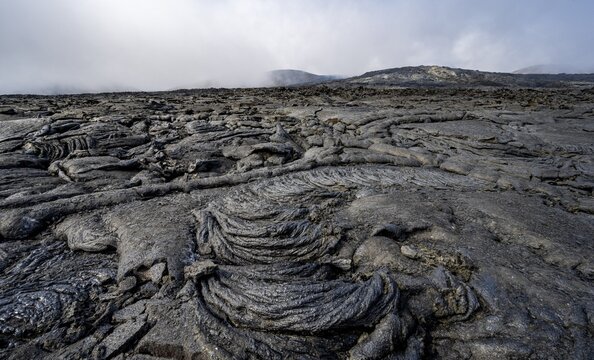 Petrified lava, volcanic rock in bizarre shapes, lava field, volcanic eruption, active table volcano Fagradalsfjall, Kr&yacute;suv&iacute;k volcanic system, Reykjanes Peninsula, Iceland