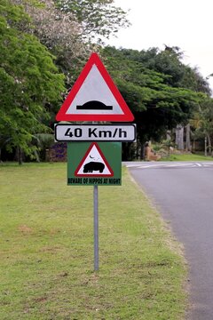 Warning sign, hippos crosssing, Saint Lucia, iSimangaliso Wetland Park, Kwa Zulu Natal, South Africa