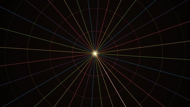 A colorful radial pattern with lines and circles emanating from a central bright point in a looping animation.