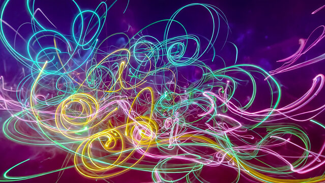 Abstract colorful swirls and lines with glowing dots in vibrant purple background illustration