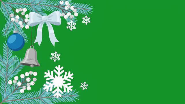 Charming 2d vector animation of a festive Christmas corner decoration featuring pine branches, a white bow, silver bell, blue bauble, and snowflakes on green screen.