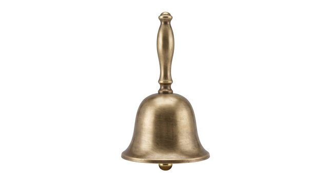 Vintage brass hand bell with handle, antique bronze school bell isolated on white, traditional metallic dinner bell for service