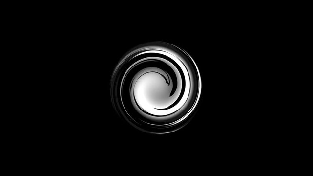 Abstract silver metallic spiral featuring smooth curved shapes, reflective chrome surfaces, and glossy highlights against a deep black background. Modern futuristic design representing motion,