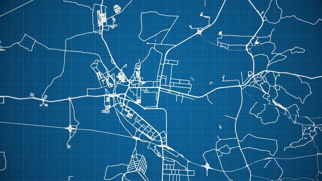 Ink reveal animation of Adh Dhayd city, United Arab Emirates, grid map. Aerial top view. Blueprint style. White lines with blue background. 4K Seamless loop.