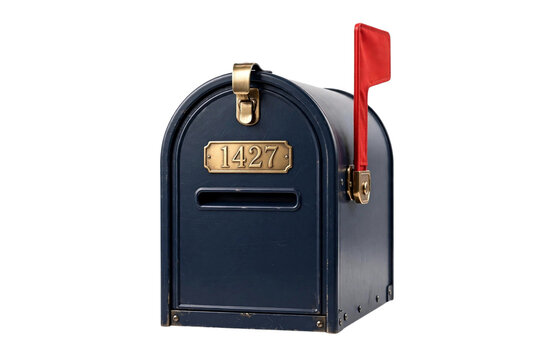 Classic American Mailbox: A sturdy, deep blue American-style mailbox with a brass accent number plate and a red flag stands ready to receive mail.