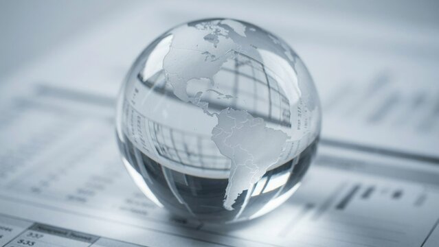 Crystal glass globe of world placed on financial data sheets showing global business and economy