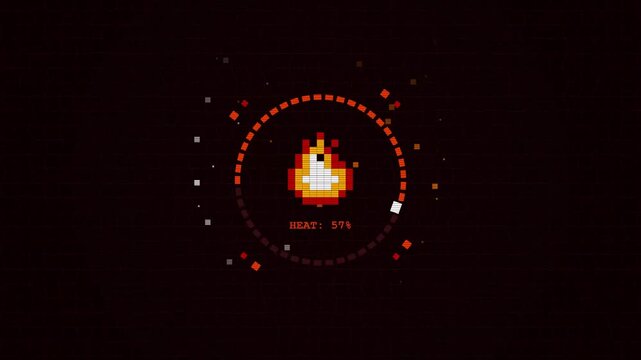 A vibrant orange flame icon created with square pixels radiates energy within a circular interface display while shimmering particles dance around the glowing core of this interactive gaming