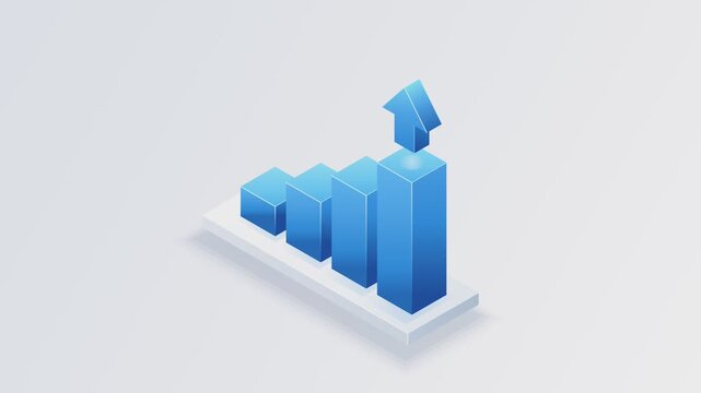 Isometric bar chart with rising blue columns and arrow