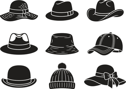 Set of black silhouette hats including fedora cowboy cap beanie and