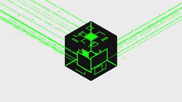 Abstract digital cube with glowing binary code stream