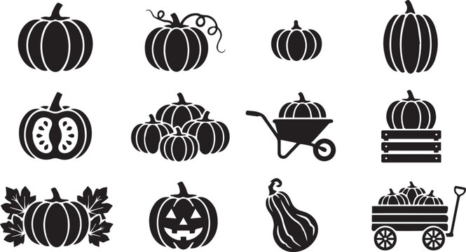 Halloween pumpkins gourds wagon wheelbarrow harvest icons flat design
