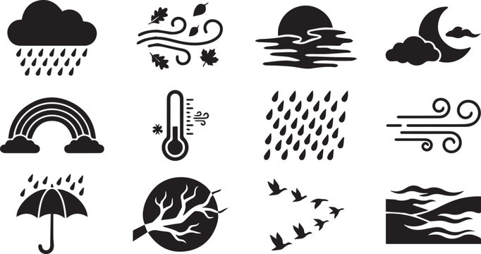 Weather icons set flat design black white rain snow wind birds