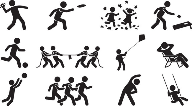 Black stick figure icons of people playing outdoor sports and leisure